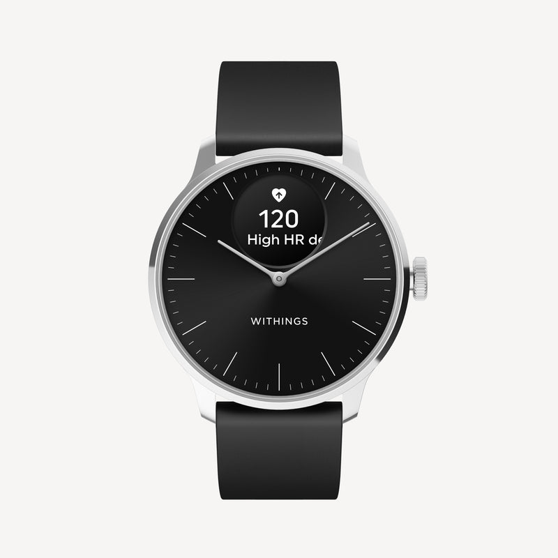 ScanWatch Light — Black 37mm — Front view on white background, black dial with mini display showing heart rate 120 BPM, black silicone strap — front, black dial, HR alert