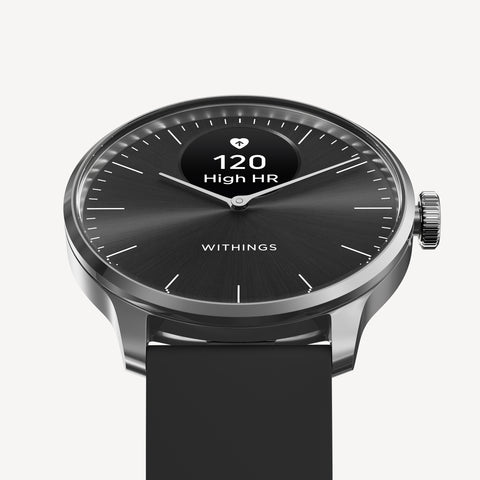 ScanWatch Light — Black 37mm — Three-quarter front view, black dial displaying High HR alert at 120 BPM, black silicone strap — three-quarter, white background, health alert