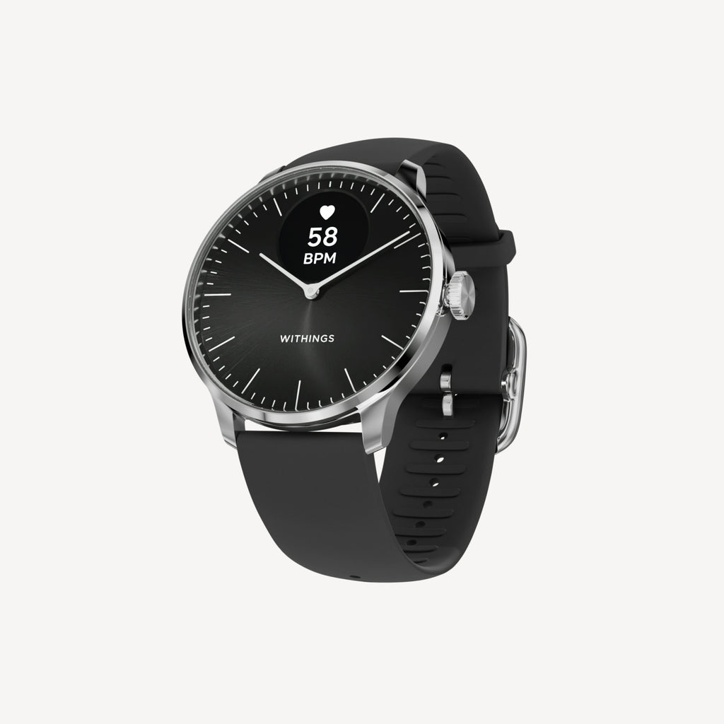 ScanWatch Light — Black 37mm — Three-quarter view on white background, black dial showing 58 BPM heart rate, black silicone strap — three-quarter, plain background, hybrid smartwatch