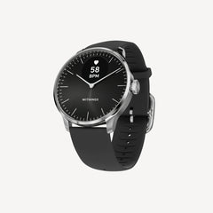 ScanWatch Light — Black 37mm — Three-quarter view on white background, black dial showing 58 BPM heart rate, black silicone strap — three-quarter, plain background, hybrid smartwatch