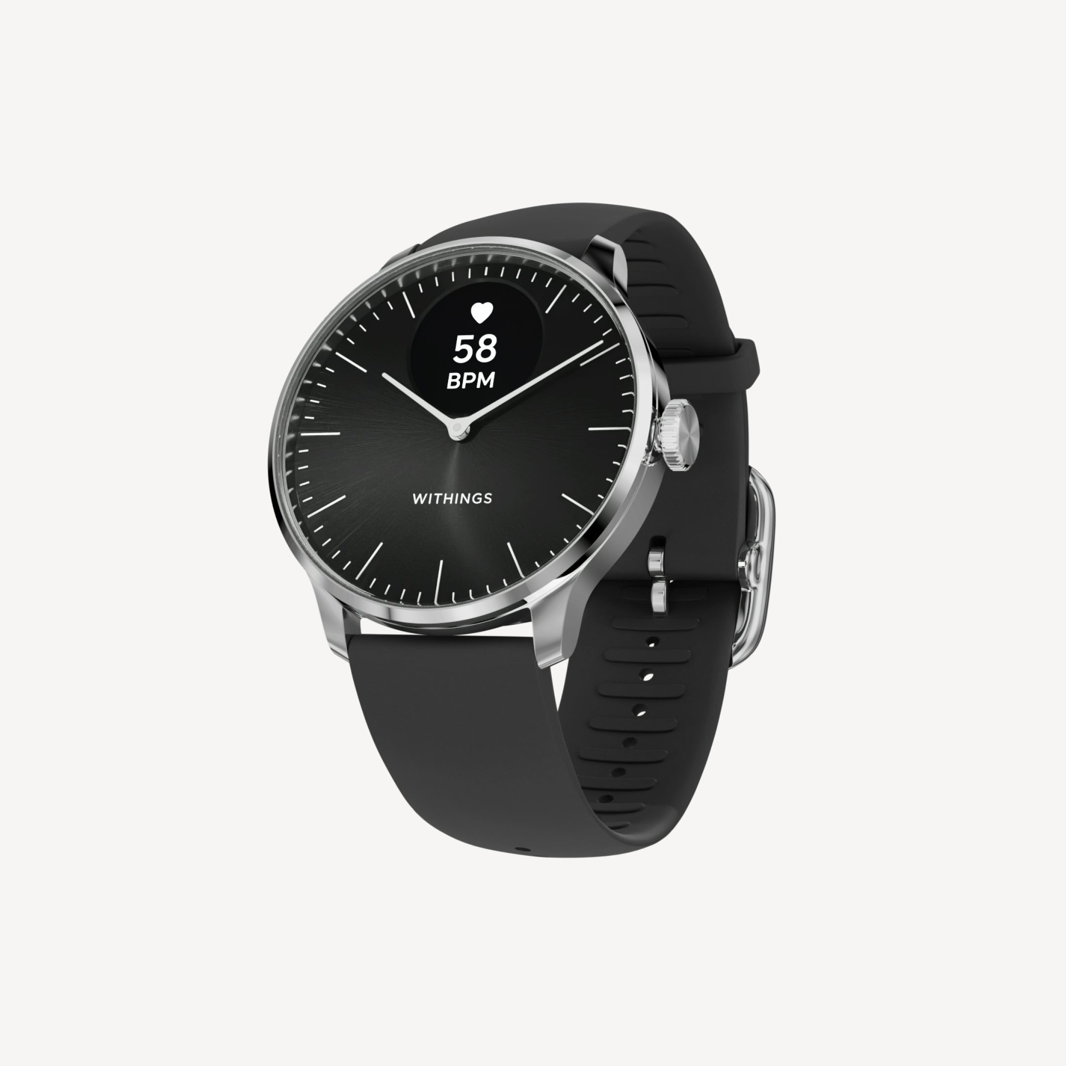 ScanWatch Light — Black 37mm — Three-quarter view on white background, black dial showing 58 BPM heart rate, black silicone strap — three-quarter, plain background, hybrid smartwatch