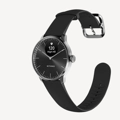 ScanWatch Light — Black 37mm — Three-quarter view on white background, black dial with HR 120 mini-display, detached black silicone band — three-quarter, black dial, silicone band
