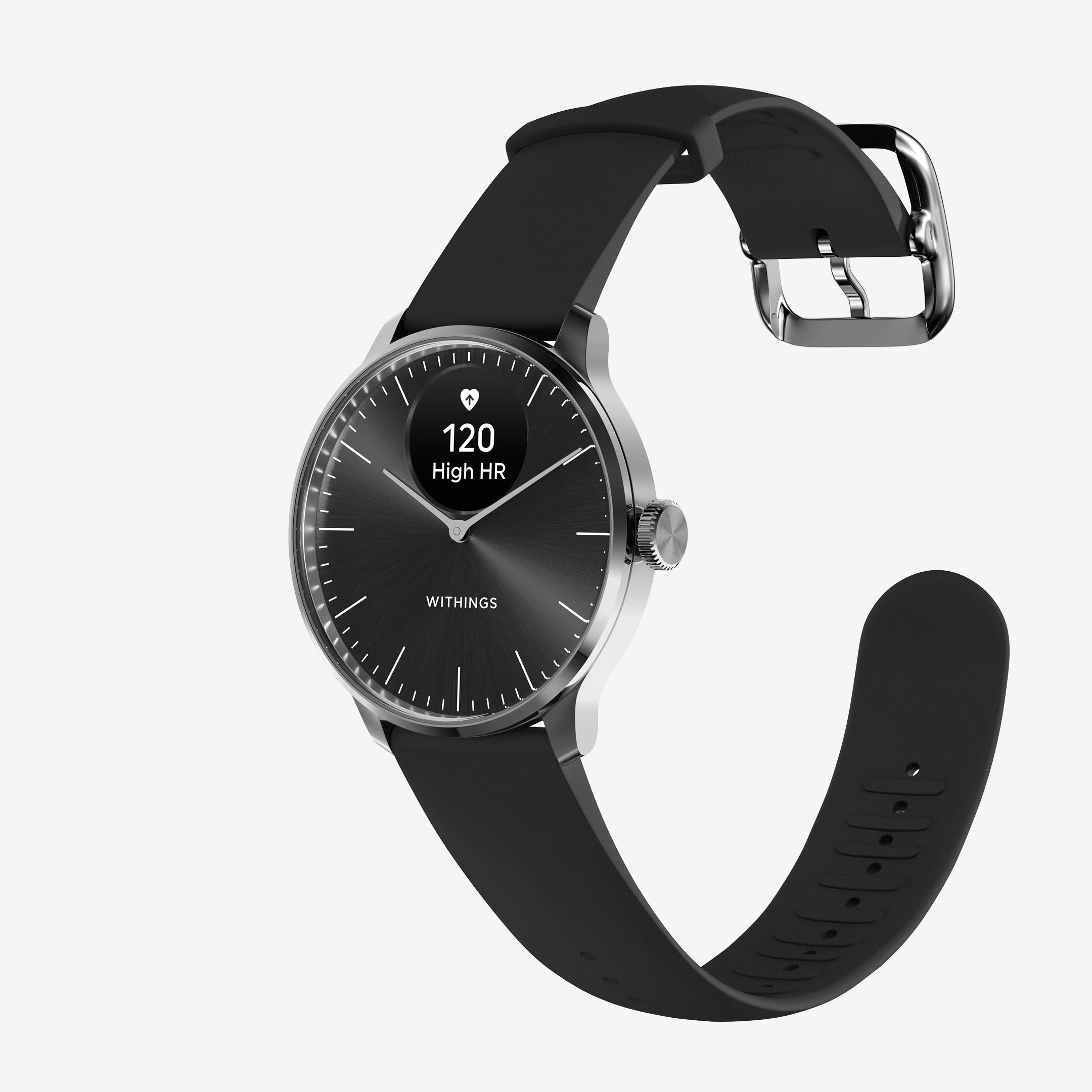 ScanWatch Light — Black 37mm — Three-quarter view on white background, black dial with HR 120 mini-display, detached black silicone band — three-quarter, black dial, silicone band