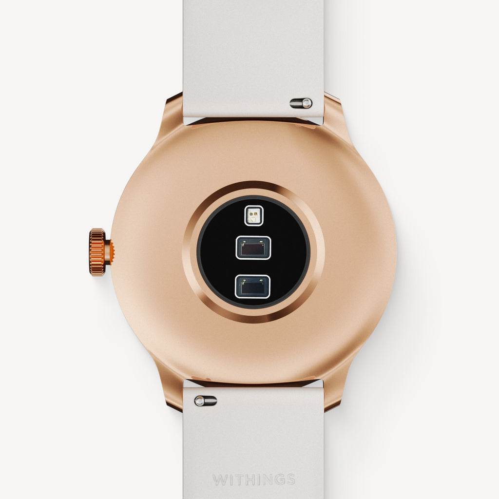ScanWatch Light — Rose Gold / White 37mm — Back view showing optical sensors and crown, rose gold satin case on neutral background — back, sensors, rose gold, close-up