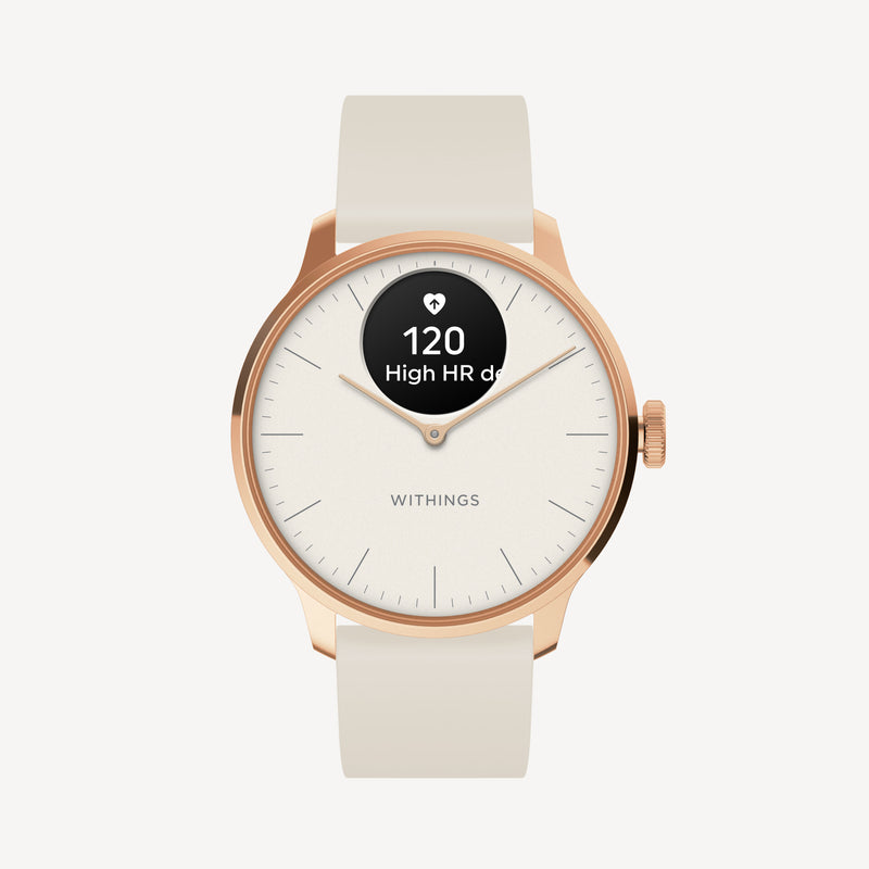 ScanWatch Light — Rose Gold / White 37mm — Front view on plain background, white dial with mini display showing 120 BPM high HR alert — rose gold, silicone strap, hybrid
