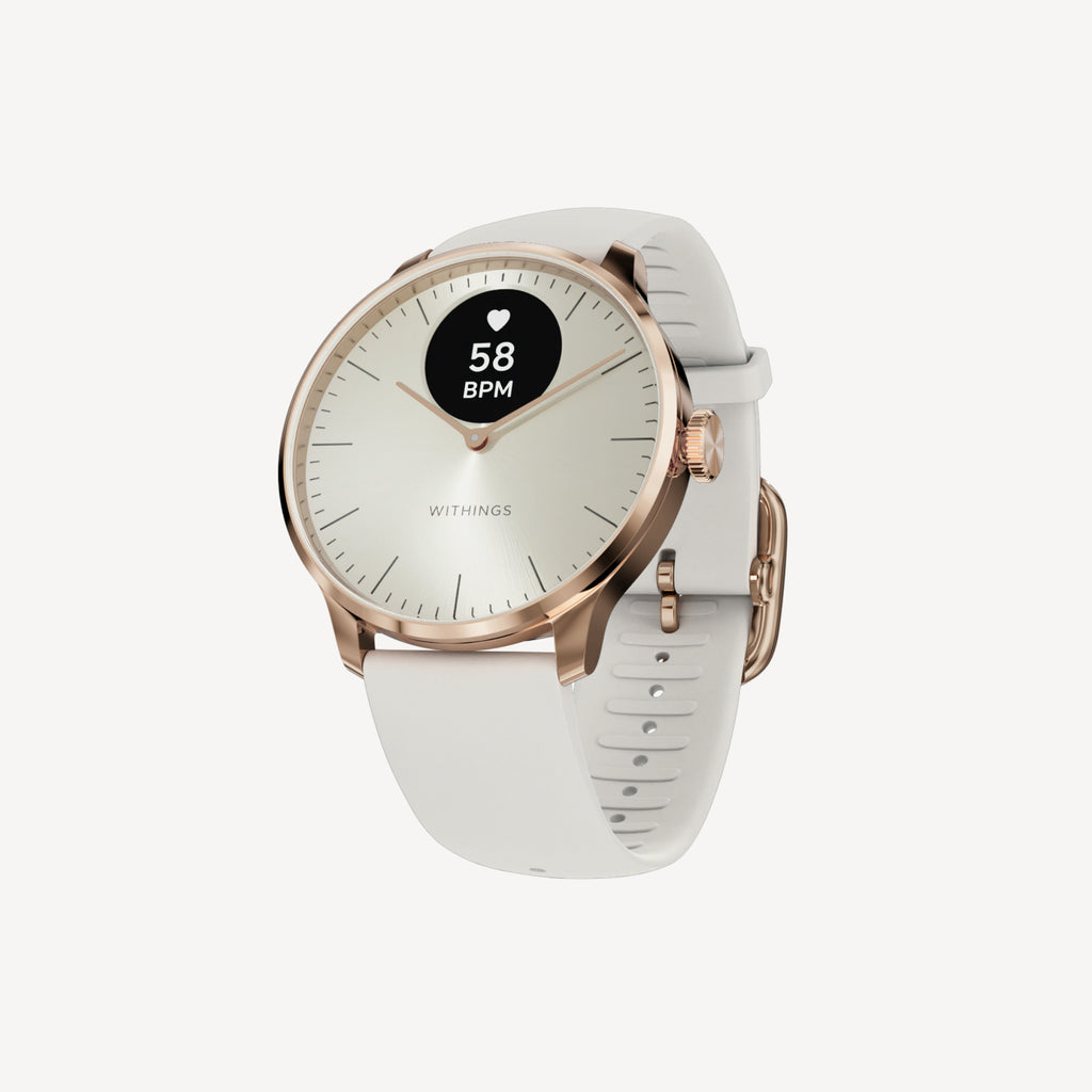 ScanWatch Light — Rose Gold / White 37mm — Three-quarter view on neutral background, white dial showing 58 BPM heart rate, white silicone strap — three-quarter, light background, rose gold