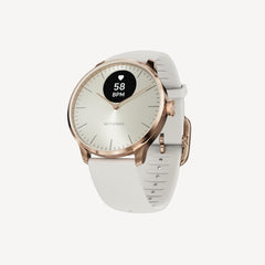ScanWatch Light — Rose Gold / White 37mm — Three-quarter view on neutral background, white dial showing 58 BPM heart rate, white silicone strap — three-quarter, light background, rose gold