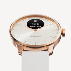 ScanWatch Light — Rose Gold / White 37mm — Three-quarter view on white background, silver dial with OLED screen showing 120 High HR — rose gold, silicone strap, close-up