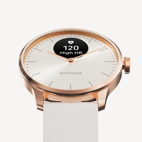 ScanWatch Light — Rose Gold / White 37mm — Three-quarter view on white background, silver dial with OLED screen showing 120 High HR — rose gold, silicone strap, close-up