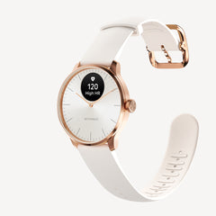 ScanWatch Light — Rose gold & white 37mm — Three-quarter view with detached band and rose gold buckle, white dial, high HR alert 120 — three-quarter, neutral background, band detail