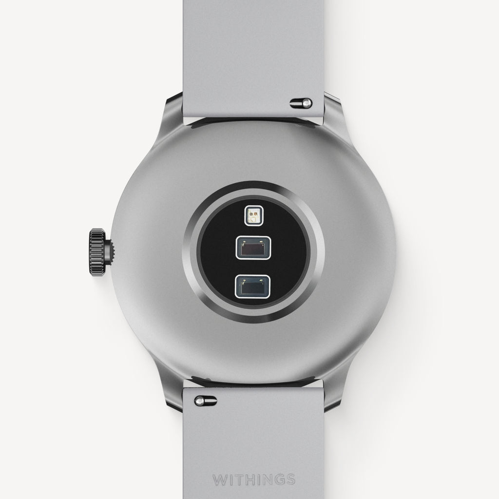 ScanWatch Light — Blanco 37mm — Vista trasera con sensores ópticos y corona sobre fondo liso — parte trasera, sensores, plateado, correa gris