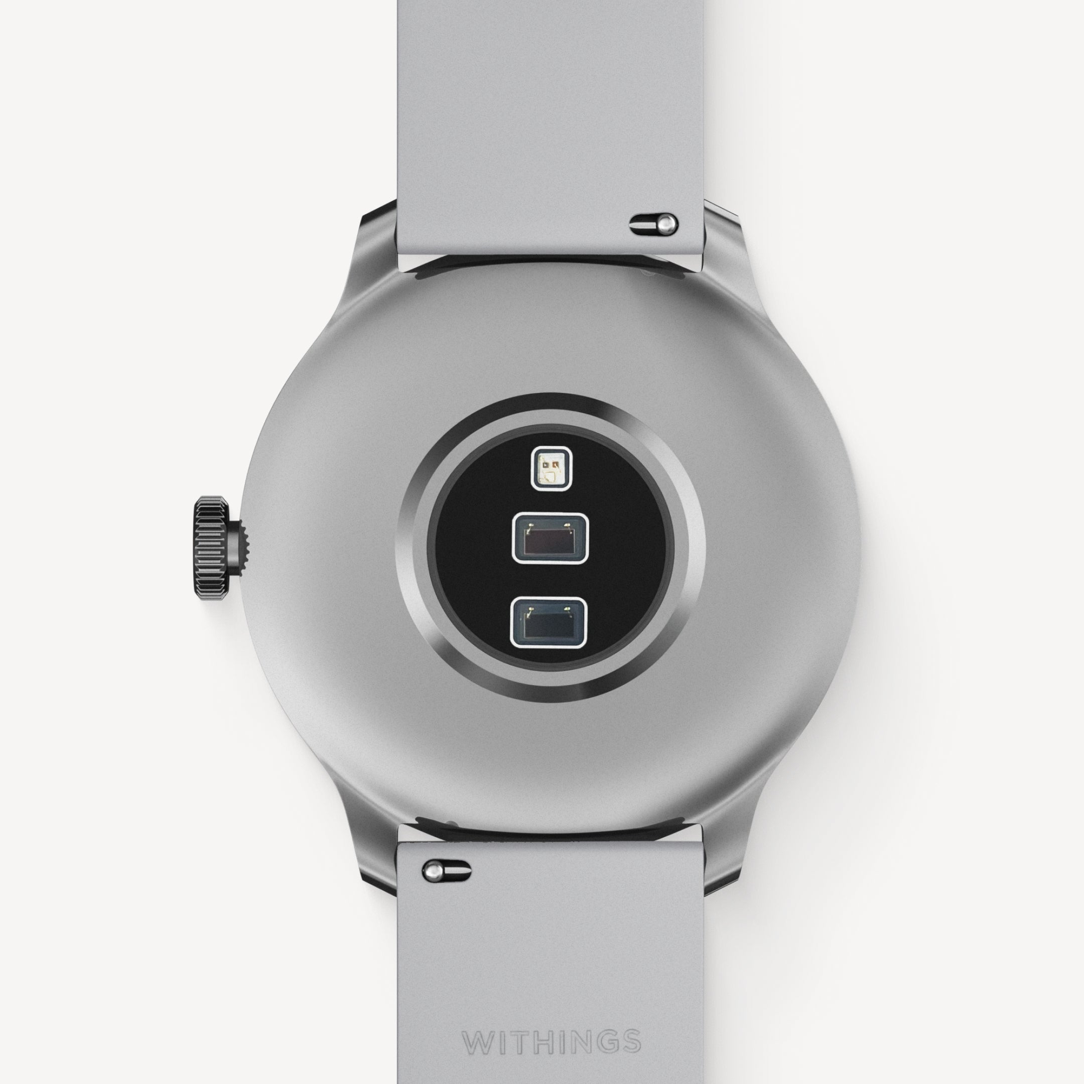 ScanWatch Light — Blanco 37mm — Vista trasera con sensores ópticos y corona sobre fondo liso — parte trasera, sensores, plateado, correa gris