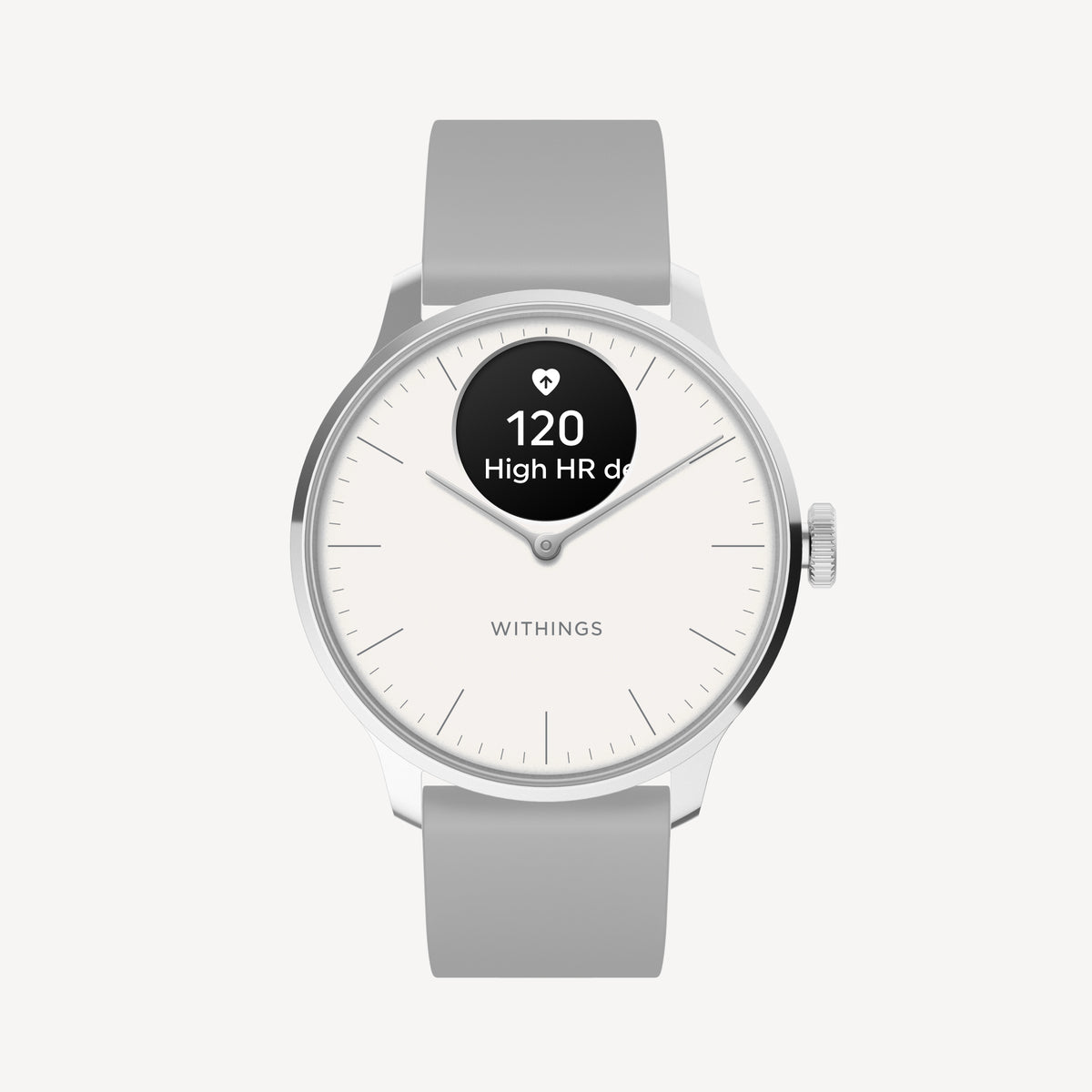 ScanWatch Light — White 37mm — Front view on white background, grey silicone strap, AMOLED sub-dial showing high heart rate alert 120 bpm — front, grey strap, HR alert
