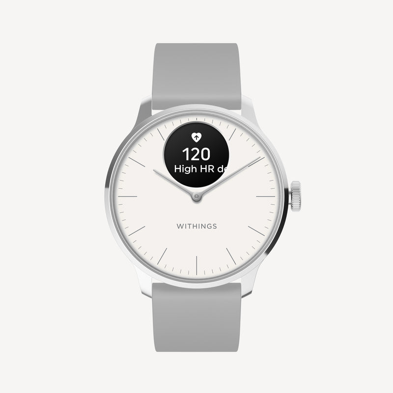 ScanWatch Light — White 37mm — Front view on white background, grey silicone strap, AMOLED sub-dial showing high heart rate alert 120 bpm — front, grey strap, HR alert