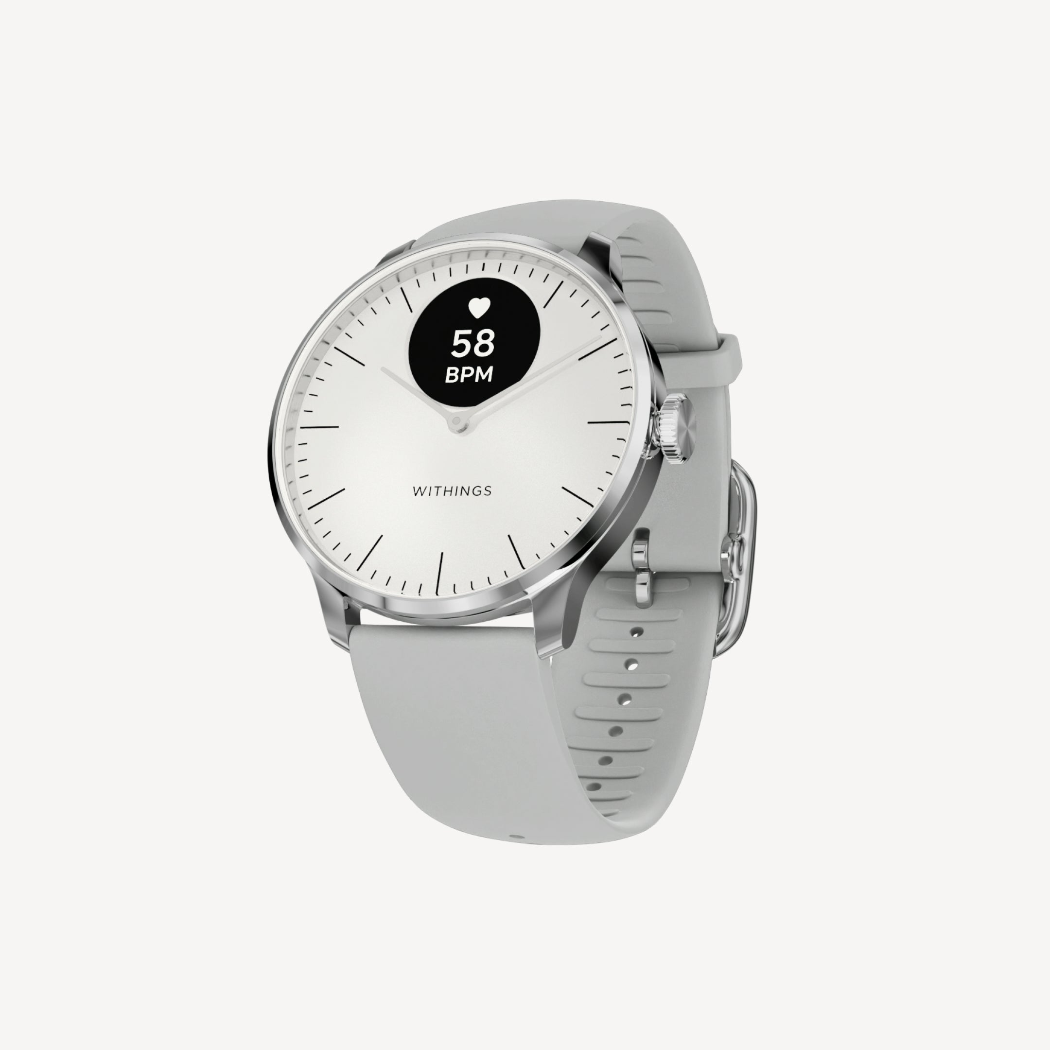 ScanWatch Light — Blanco/Plateado 37mm — Vista en tres cuartos sobre fondo blanco, esfera analógica con pantalla OLED mostrando 58 LPM, correa de silicona gris — tres cuartos, fondo neutro, plateado, gris