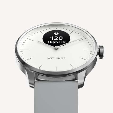 ScanWatch Light — White 37mm — Three-quarter view, white dial showing high heart rate alert 120 BPM, grey band, silver case — three-quarter, OLED display, plain background