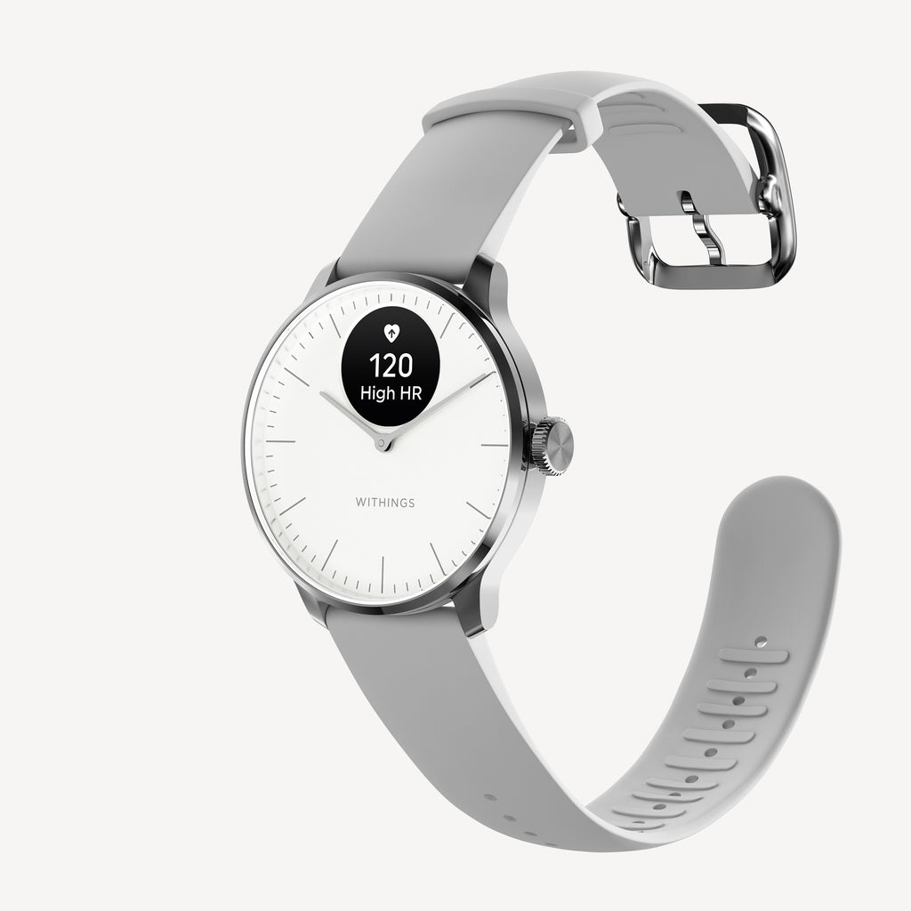 ScanWatch Light — Blanco 37mm — Vista en tres cuartos sobre fondo blanco, esfera analógica con pantalla AMOLED mostrando alerta de FC alta de 120 LPM, correa de silicona gris — tres cuartos, fondo blanco, plateado gris