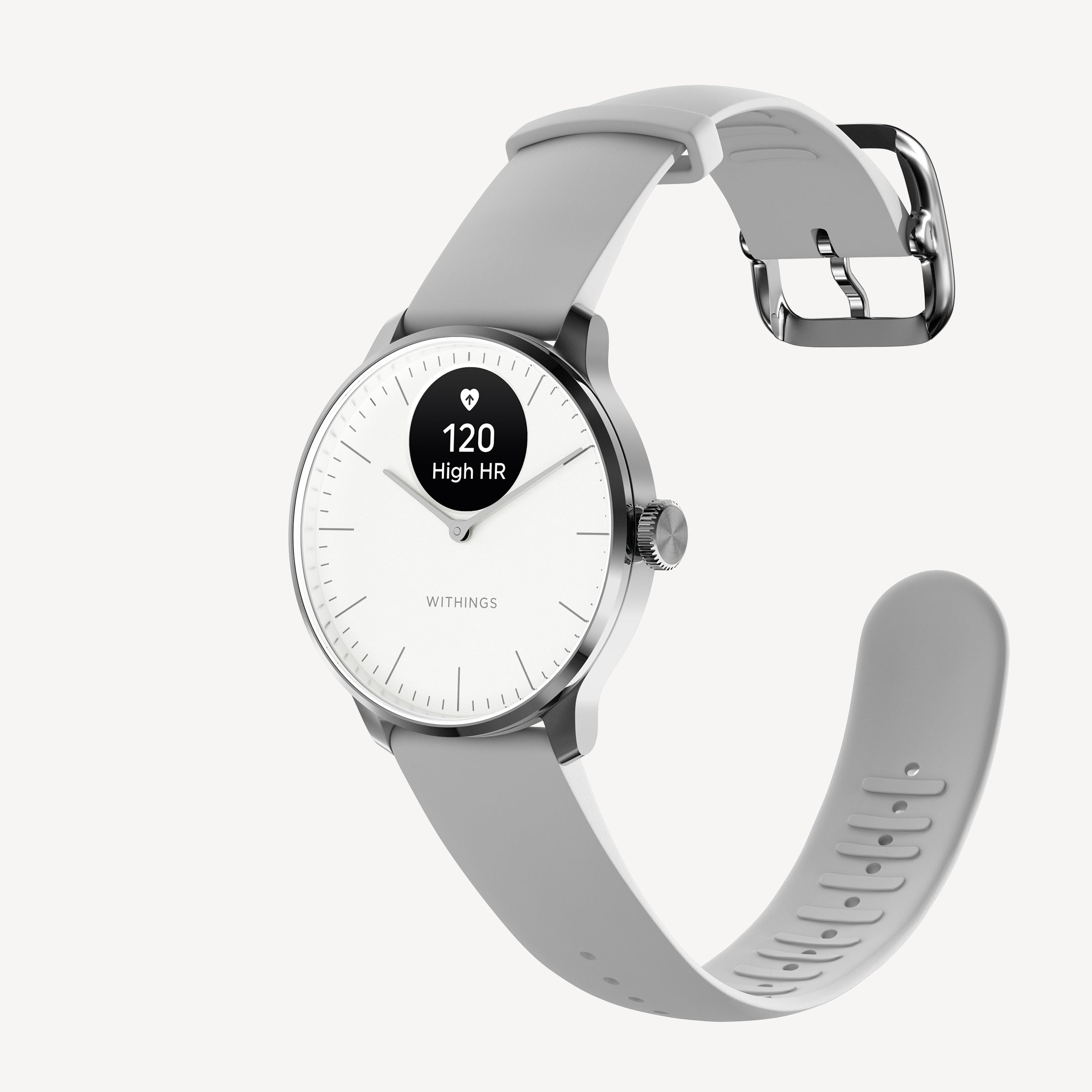 ScanWatch Light — Blanco 37mm — Vista en tres cuartos sobre fondo blanco, esfera analógica con pantalla AMOLED mostrando alerta de FC alta de 120 LPM, correa de silicona gris — tres cuartos, fondo blanco, plateado gris