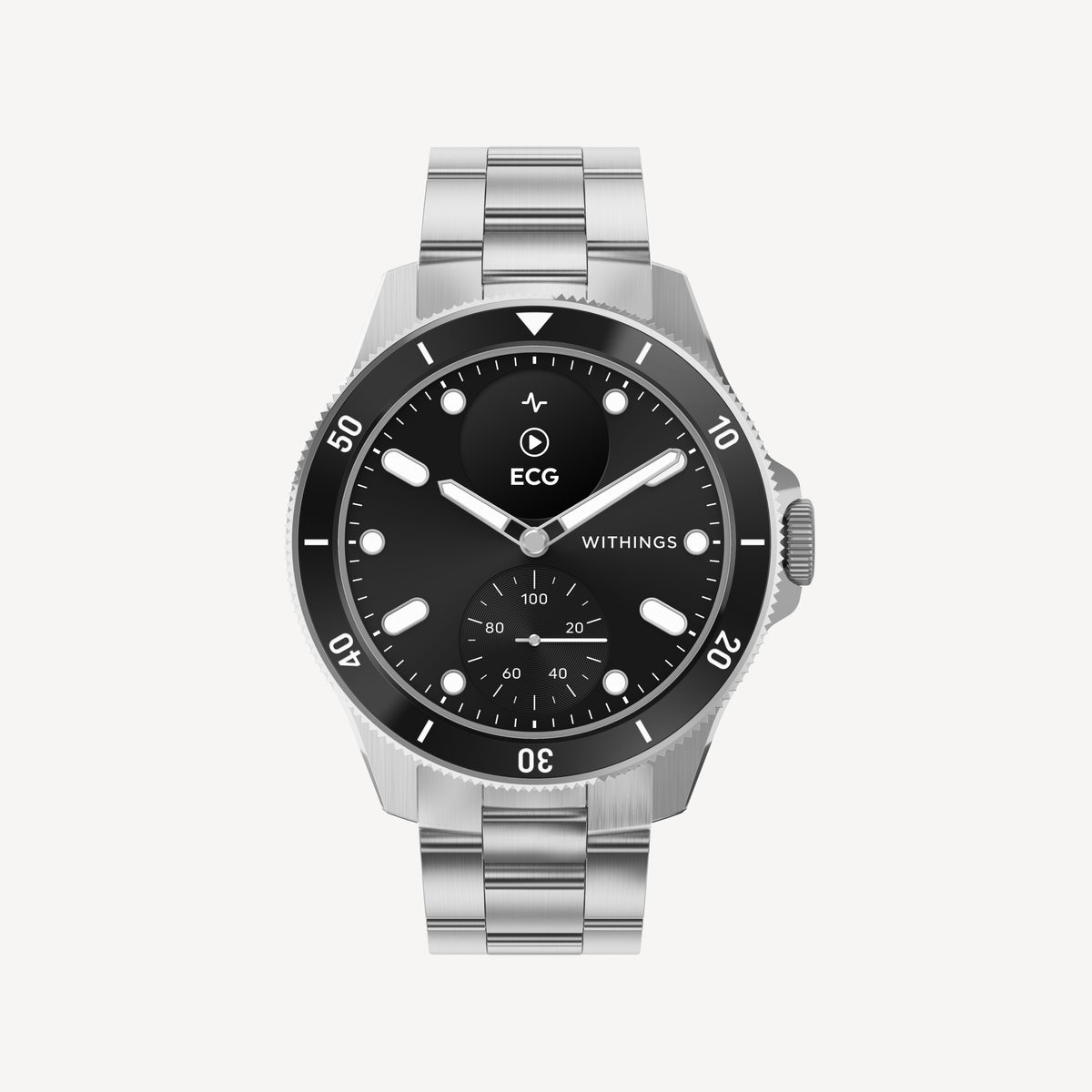 ScanWatch Nova 42mm Black — Front view on neutral background, silver steel case, black dial with sub-dial and ECG display — front view, steel, black dial
