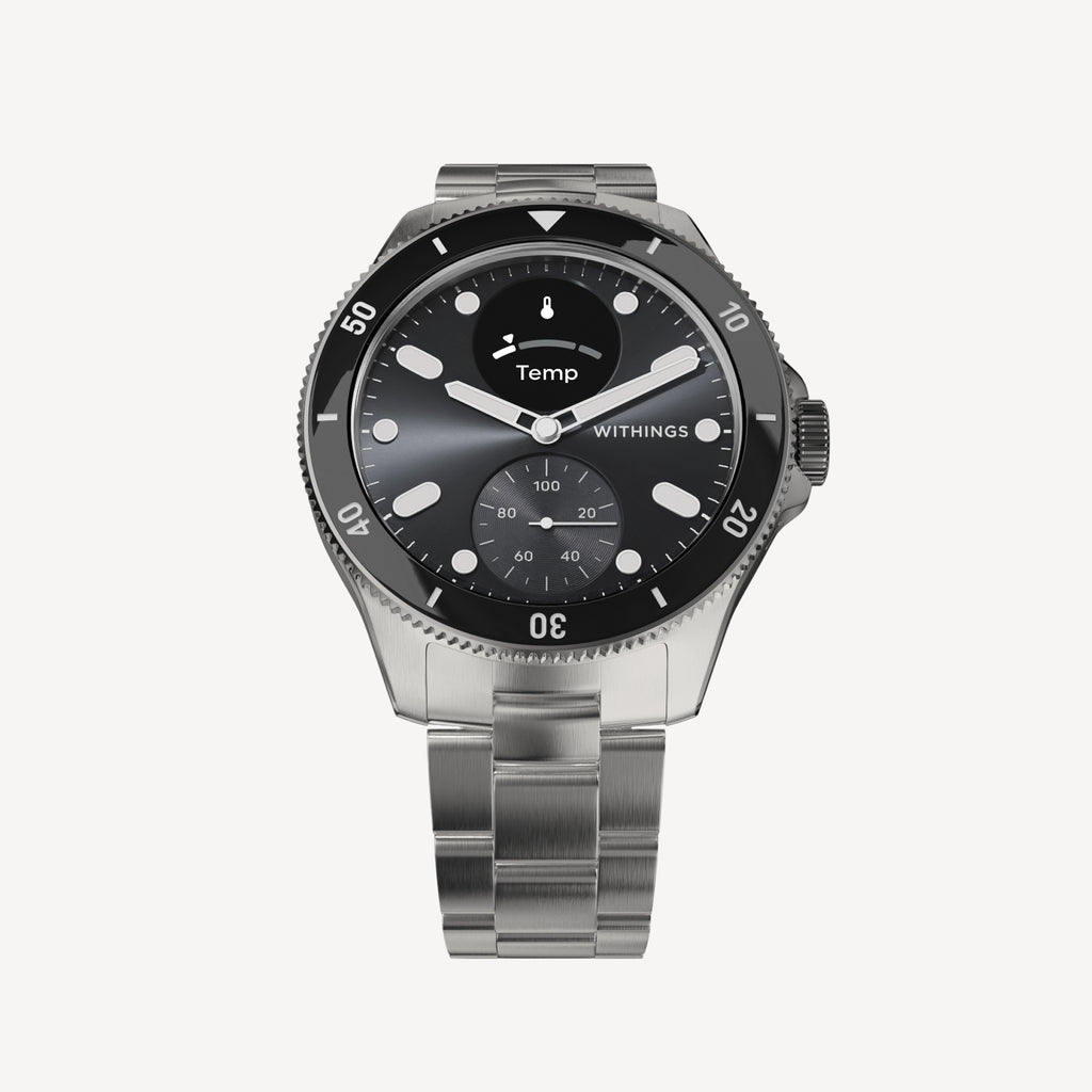 ScanWatch Nova 42mm Black — Black case with steel bracelet — Front view on neutral background, black dial with subdial and Temp screen display — front, steel, black, diver