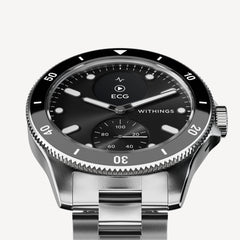 ScanWatch Nova 42mm Black — Silver stainless steel bracelet — Three-quarter front view on white background, black dial with sub-dial and ECG feature — three-quarter, steel, black dial
