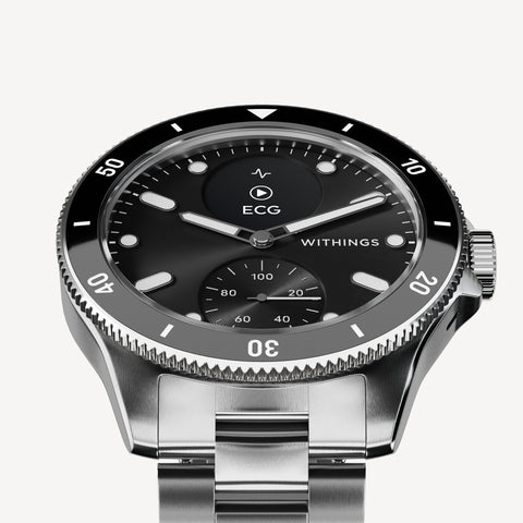 ScanWatch Nova 42mm Black — Silver stainless steel bracelet — Three-quarter front view on white background, black dial with sub-dial and ECG feature — three-quarter, steel, black dial