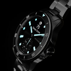 ScanWatch Nova 42mm Black — Luminescent dial on dark background, Sleep Score 75 display, glowing cyan indices, black steel bracelet — dark edition, lume, three-quarter