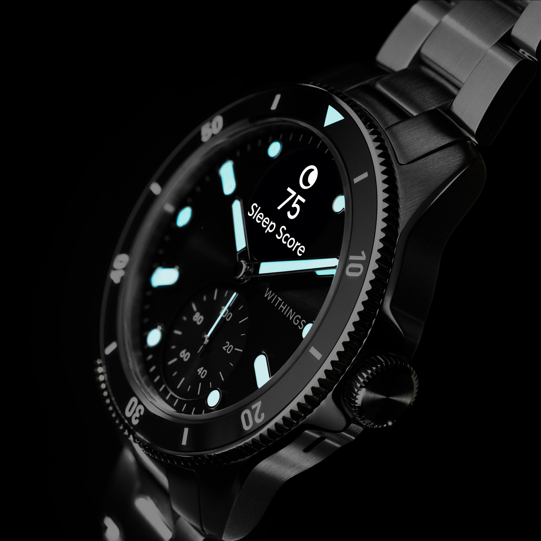 ScanWatch Nova 42mm Black — Luminescent dial on dark background, Sleep Score 75 display, glowing cyan indices, black steel bracelet — dark edition, lume, three-quarter