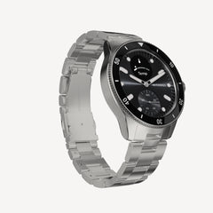 ScanWatch Nova 42mm Black — Stainless steel bracelet — Three-quarter view, black dial with diver bezel, neutral background — three-quarter, steel bracelet, black dial