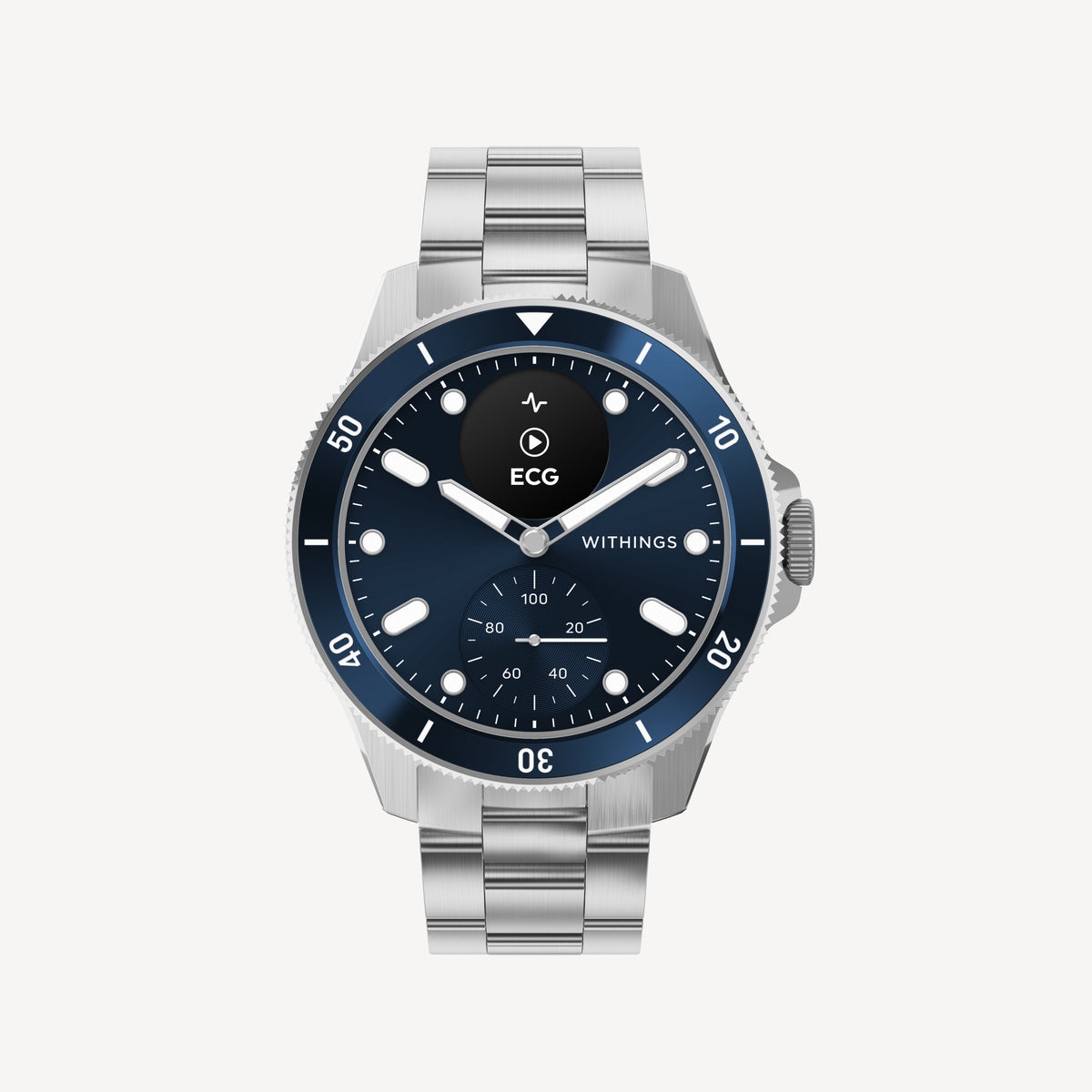 ScanWatch Nova 42 mm Blue — Navy blue dial with blue bezel, silver steel bracelet, activity sub-dial, ECG screen — front view, white background, dial detail