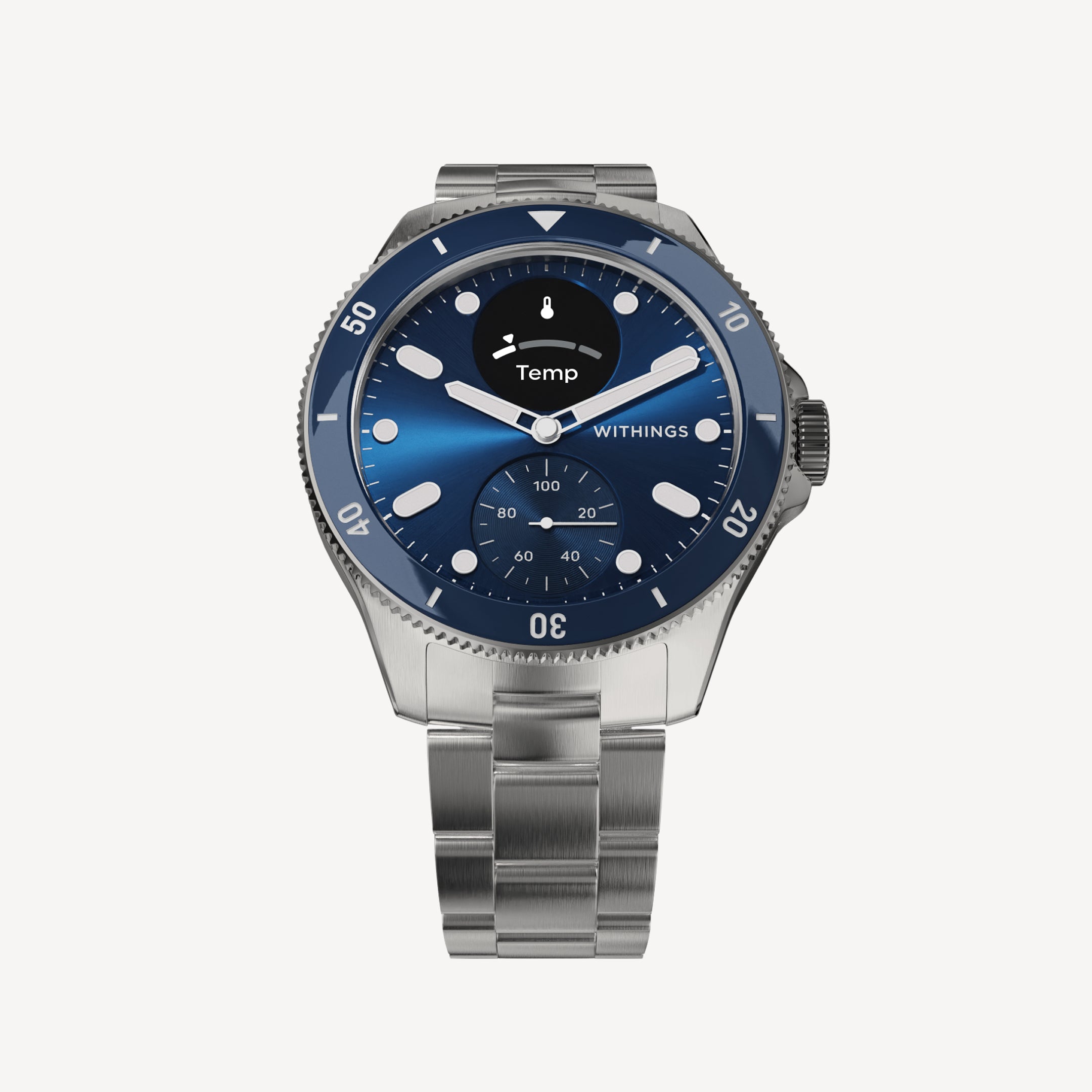 ScanWatch Nova — Blue 42mm — Front view on white background, blue dial with subdial and Temp screen, brushed steel bracelet — front, steel, blue, diver