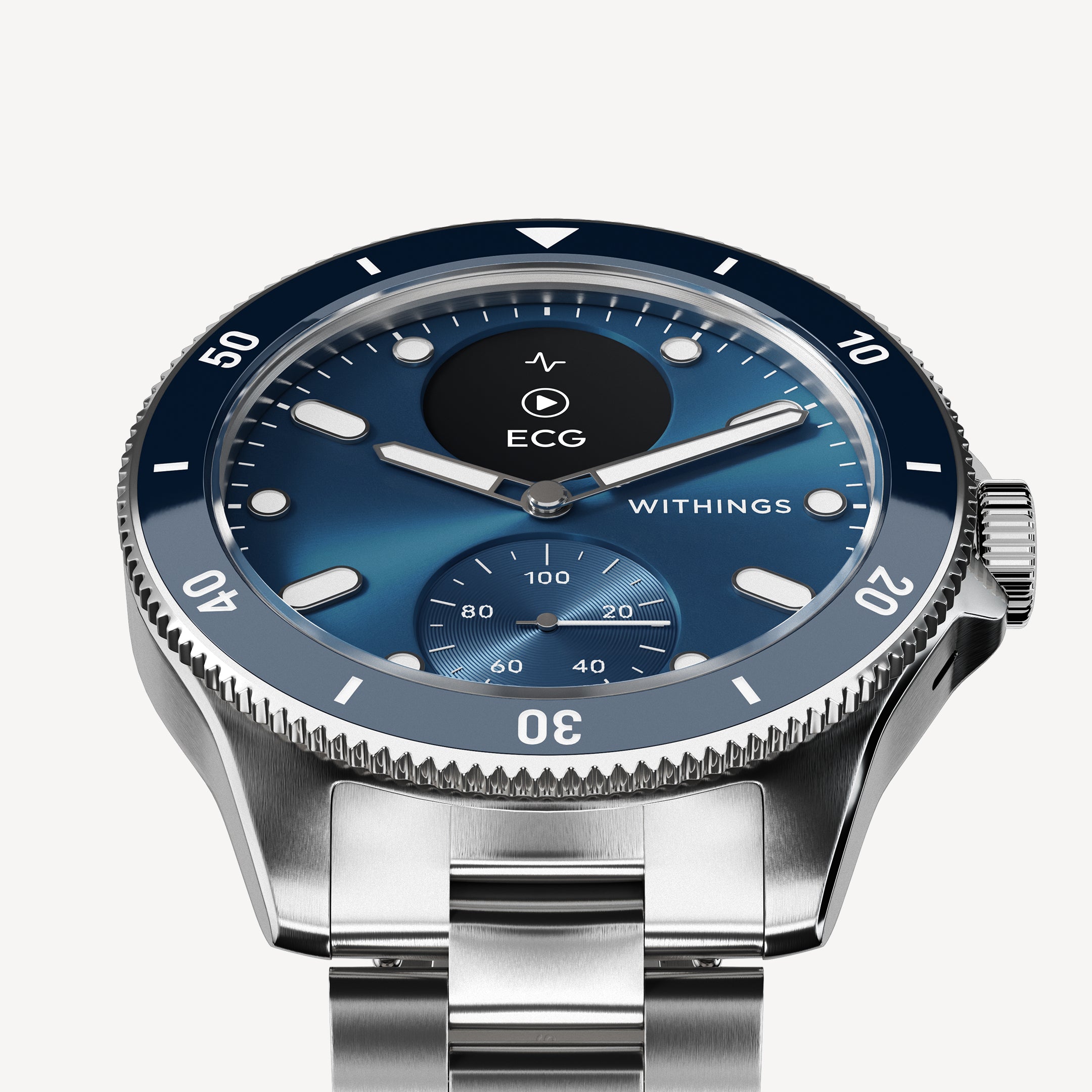 ScanWatch Nova — Blue 42mm — Three-quarter view, navy blue dial with ECG display, stainless steel case and metal bracelet — three-quarter, neutral background, dial detail