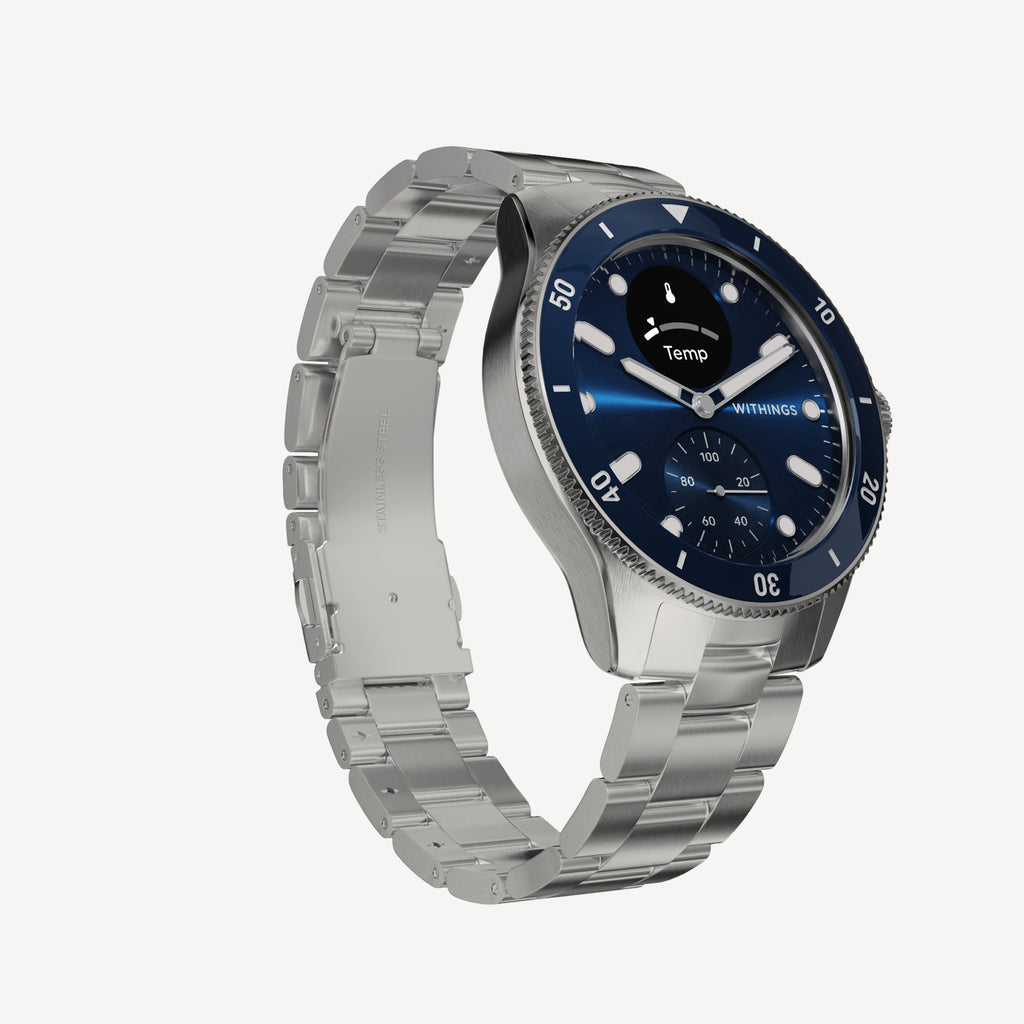 ScanWatch Nova — Blue 42mm — Three-quarter view, navy blue dial with blue bezel, brushed steel bracelet, neutral background — three-quarter, steel bracelet, navy dial