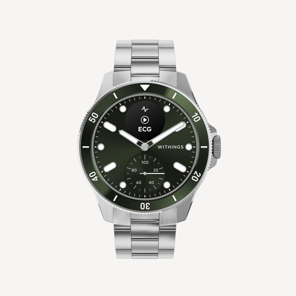ScanWatch Nova 42mm — Green / Steel — Front view on white background, green dial with steel bracelet, health sub-dial and ECG screen — front, steel, green, sport