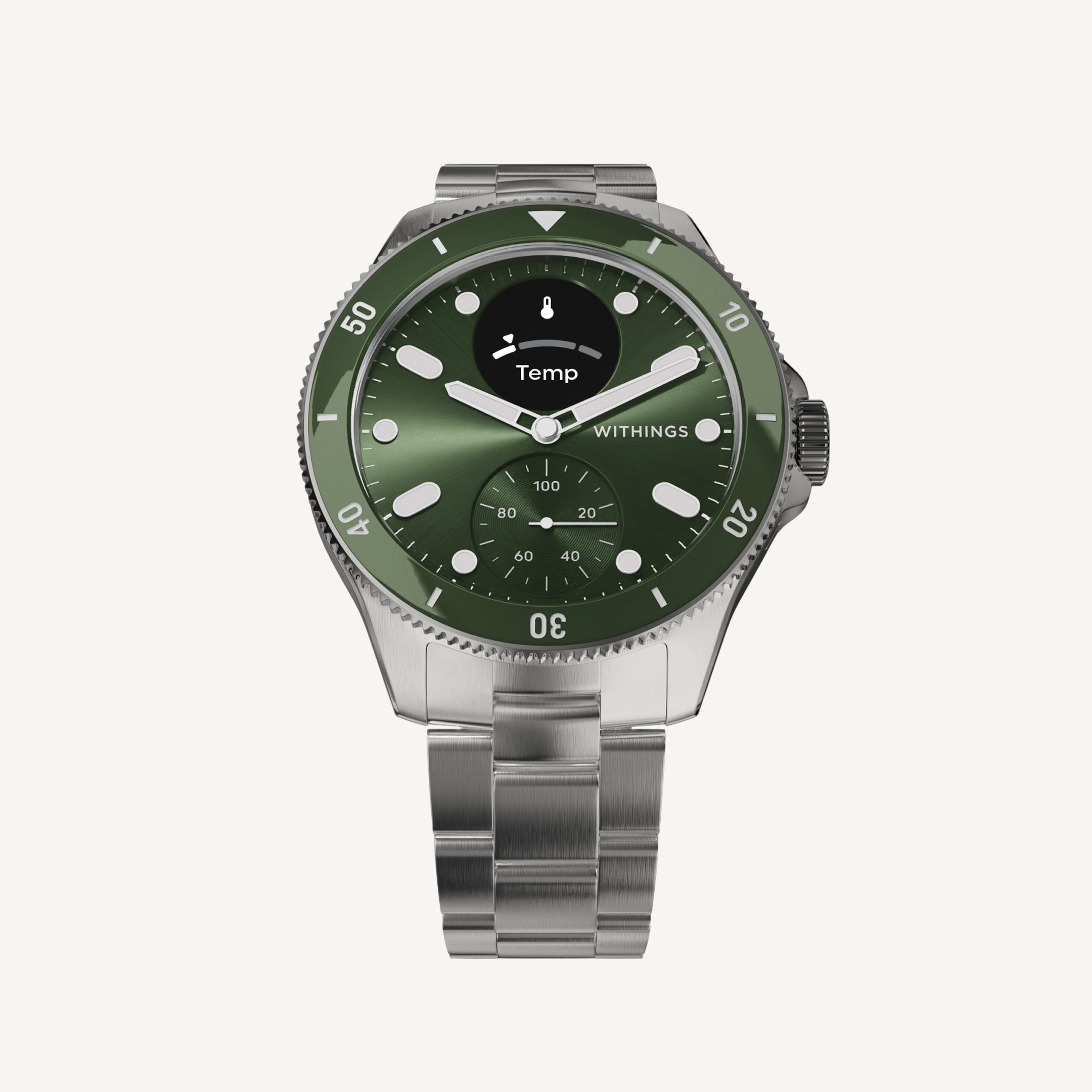 ScanWatch Nova — Verde 42mm — Vista frontal sobre fondo blanco, esfera verde con subdial y minipantalla Temp, brazalete de acero — frontal, fondo blanco, esfera verde, acero