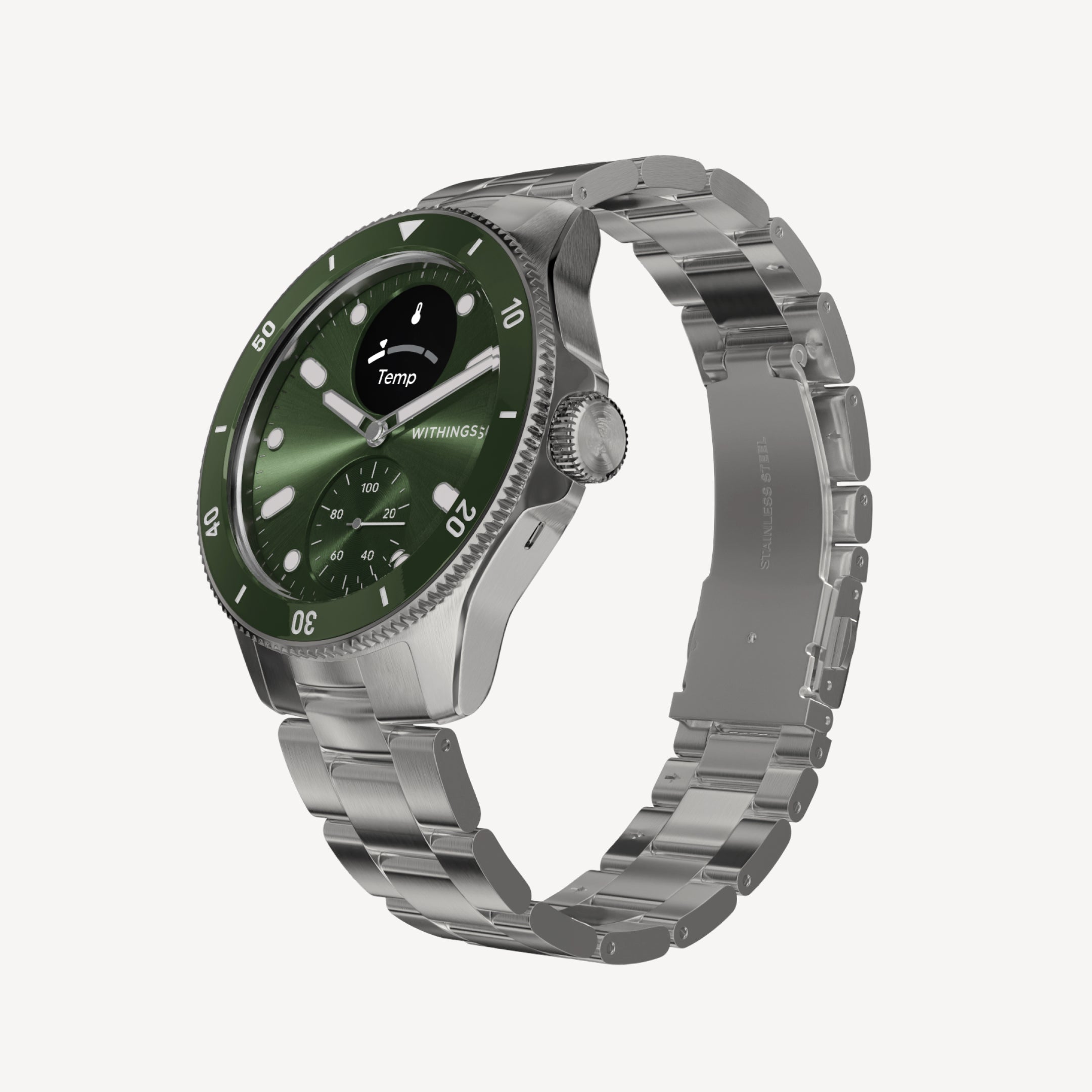 ScanWatch Nova — Verde Bosque 42mm — Vista en tres cuartos sobre fondo blanco, esfera verde con pantalla Temp, brazalete de acero inoxidable — tres cuartos, esfera verde, acero inoxidable, fondo blanco