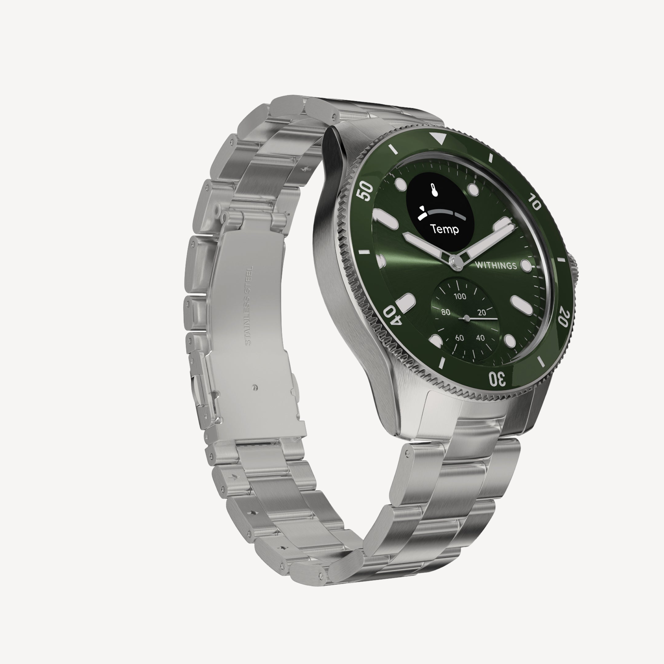ScanWatch Nova 42mm Verde — Brazalete de acero inoxidable plateado — Vista en tres cuartos sobre fondo blanco, esfera verde con pantalla Temp — tres cuartos, acero, verde, smartwatch