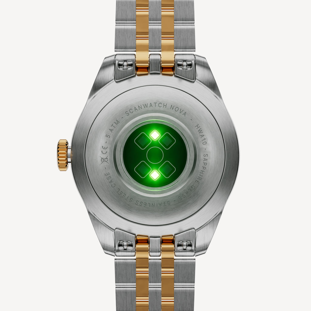 ScanWatch Nova Brilliant — Two-tone gold/steel 39mm — Caseback view with green optical sensors lit, two-tone jubilee bracelet visible — back, sensors, stainless steel, gold