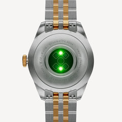 ScanWatch Nova Brilliant — Two-tone gold/steel 39mm — Caseback view with green optical sensors lit, two-tone jubilee bracelet visible — back, sensors, stainless steel, gold