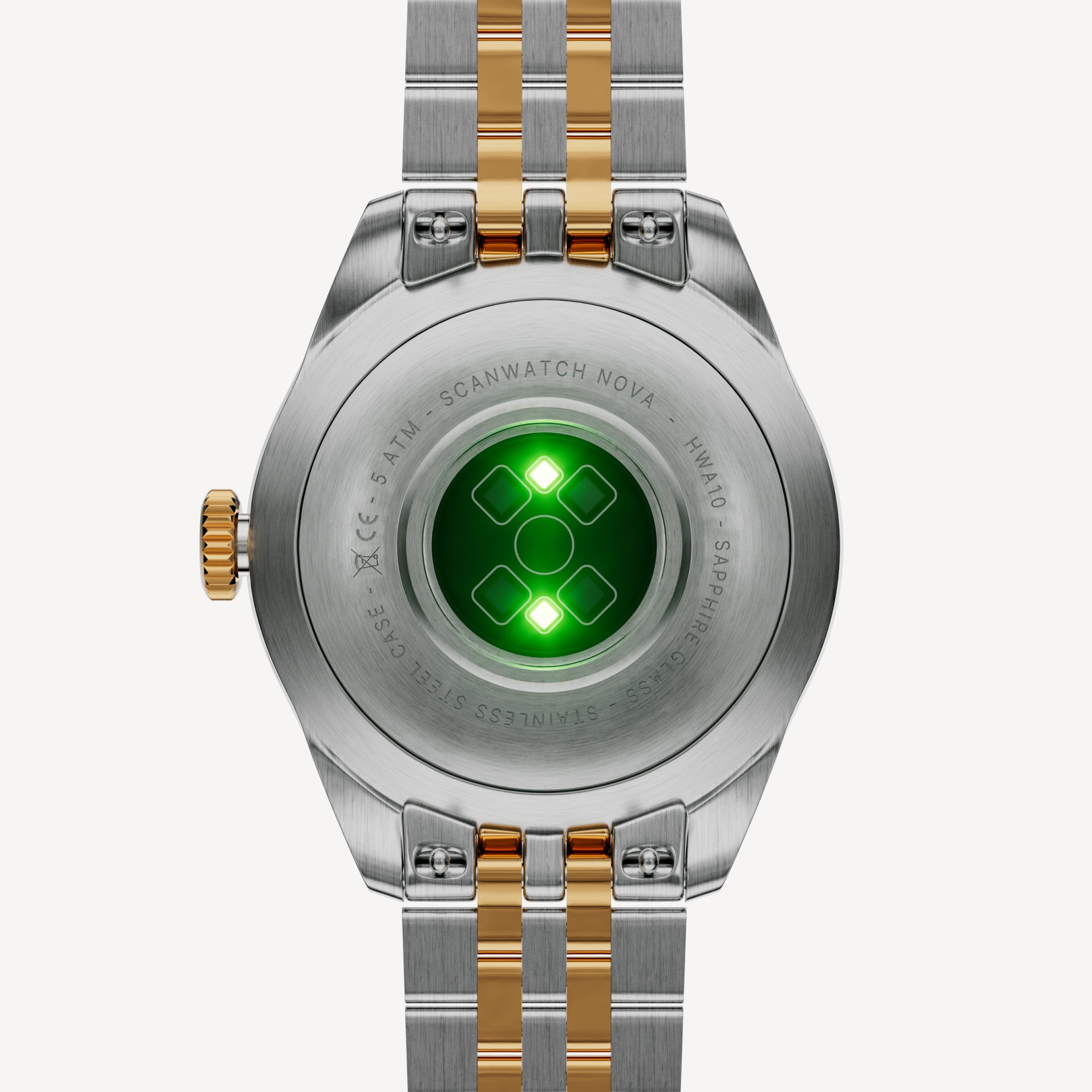 ScanWatch Nova Brilliant — Two-tone gold/steel 39mm — Caseback view with green optical sensors lit, two-tone jubilee bracelet visible — back, sensors, stainless steel, gold