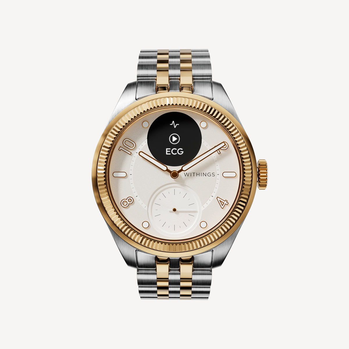 ScanWatch Nova Brilliant — Two-tone gold/steel — Front view on neutral background, cream dial with fluted gold bezel and jubilee bracelet, ECG screen active — front, two-tone, ecg, close-up