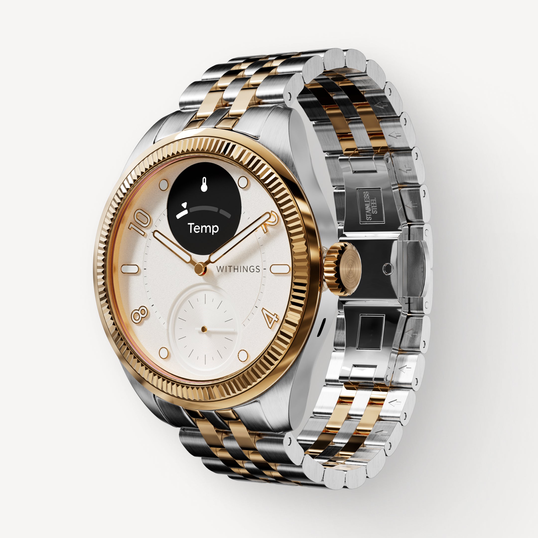 ScanWatch Nova Brilliant — Rose gold and two-tone steel — Three-quarter front view, white dial with AMOLED screen showing Temp, two-tone jubilee bracelet — three-quarter, neutral background, rose gold