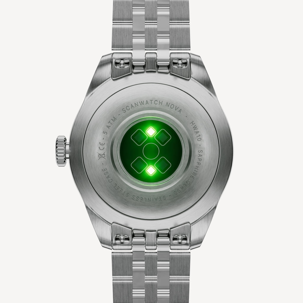 ScanWatch Nova Brilliant — Steel — Caseback view showing active green optical sensors, stainless steel bracelet, plain white background — back, sensors, stainless steel