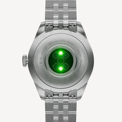 ScanWatch Nova Brilliant — Steel — Caseback view showing active green optical sensors, stainless steel bracelet, plain white background — back, sensors, stainless steel