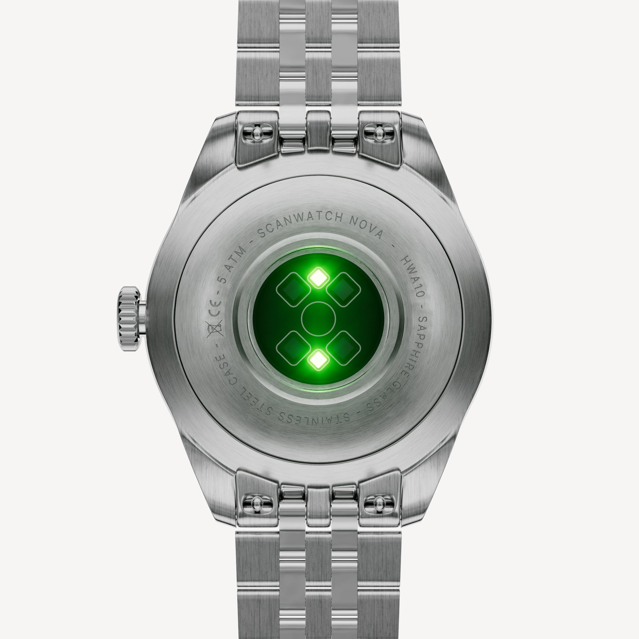 ScanWatch Nova Brilliant — Steel — Caseback view showing active green optical sensors, stainless steel bracelet, plain white background — back, sensors, stainless steel