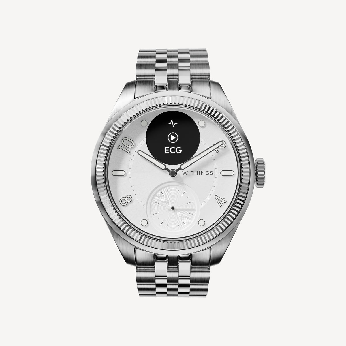 ScanWatch Nova Brilliant — Silver steel 39mm — Front view on white background, white dial with active ECG screen, jubilee steel bracelet — front, steel, white dial, ECG