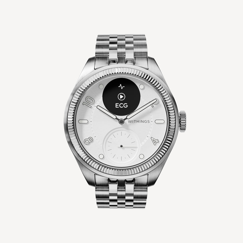 ScanWatch Nova Brilliant — Silver steel 39mm — Front view on white background, white dial with active ECG screen, jubilee steel bracelet — front, steel, white dial, ECG