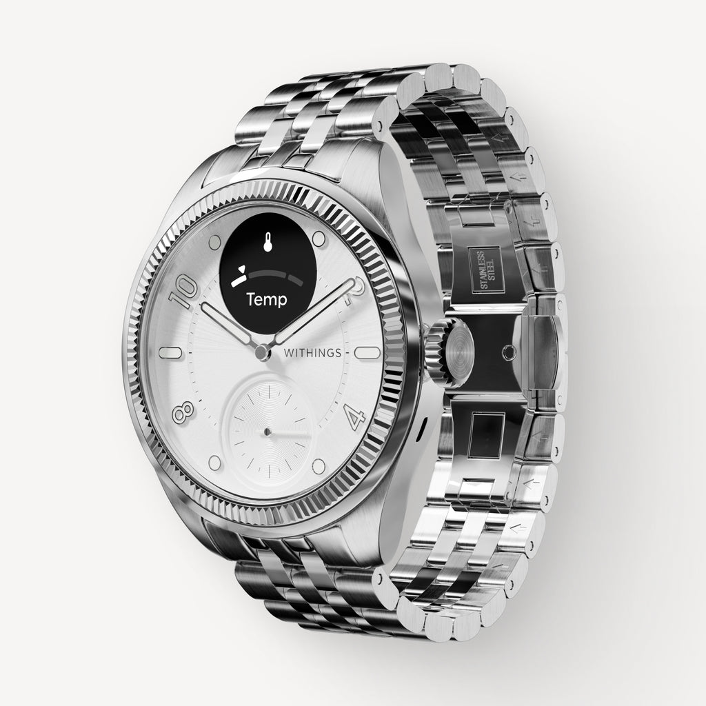 ScanWatch Nova Brilliant — Silver steel bracelet 39mm — Three-quarter view, white dial with OLED sub-display showing Temp reading, jubilee bracelet — three-quarter, silver, oled screen