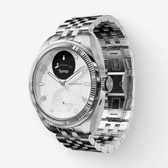 ScanWatch Nova Brilliant — Silver steel bracelet 39mm — Three-quarter view, white dial with OLED sub-display showing Temp reading, jubilee bracelet — three-quarter, silver, oled screen