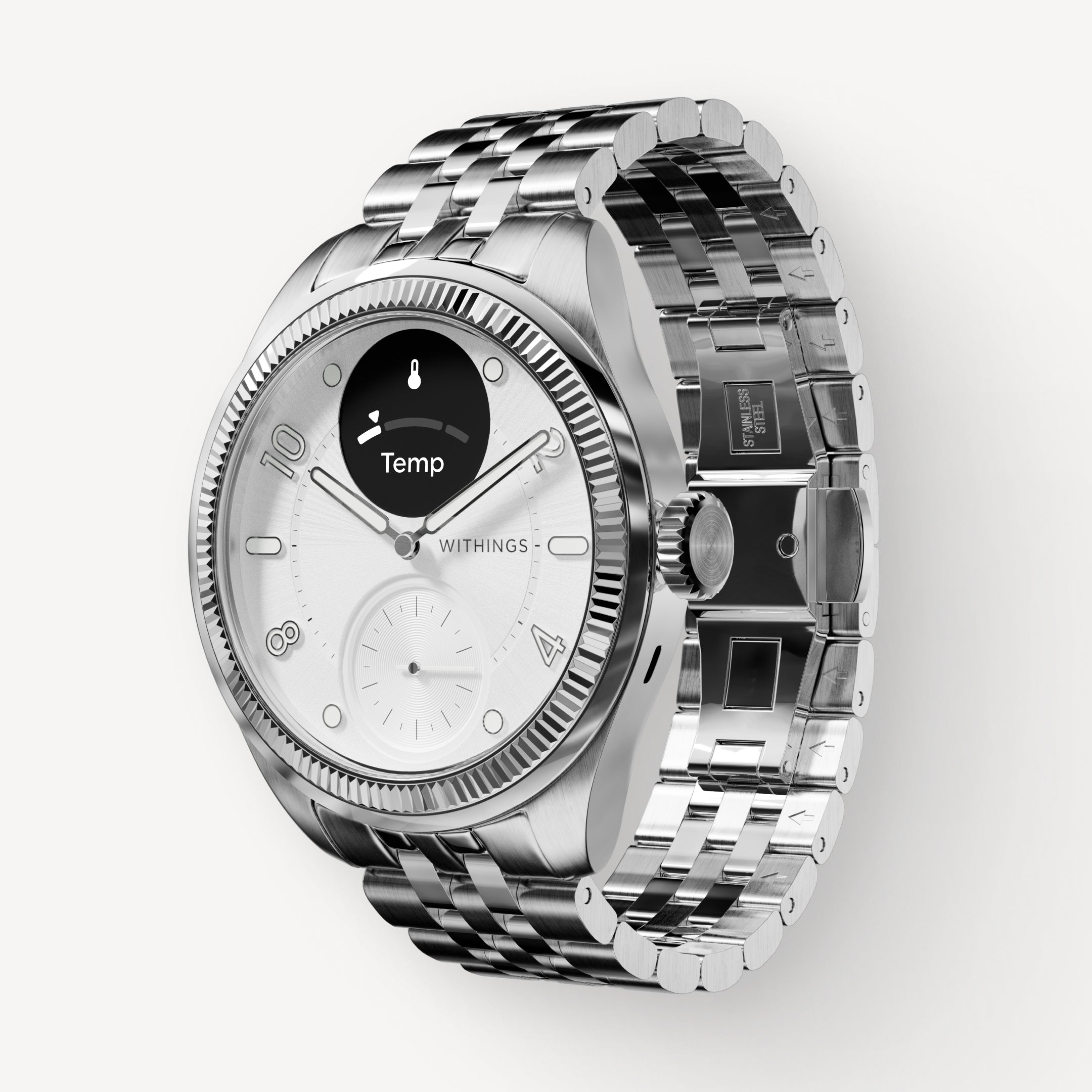 ScanWatch Nova Brilliant — Silver steel bracelet 39mm — Three-quarter view, white dial with OLED sub-display showing Temp reading, jubilee bracelet — three-quarter, silver, oled screen